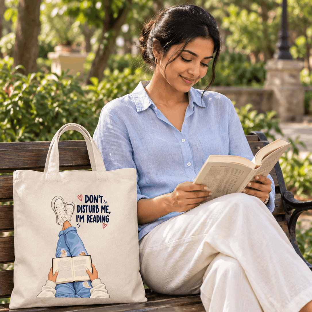 A woman sits on a park bench reading a book, with a large cream canvas tote bag beside her. The tote bag features a printed illustration of legs under a book and the text 'DON'T, DISTURB ME, I'M READING'.