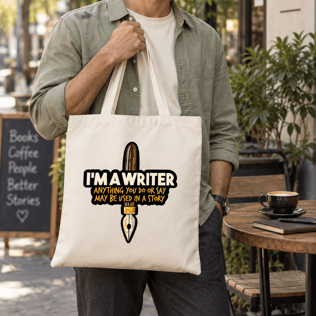 A man wearing glasses and an olive green shirt stands on a street holding a cream canvas tote bag with a black and yellow graphic that reads 'I'M A WRITER ANYTHING YOU KNOW AS MAY BE USED IN A STORY'.
