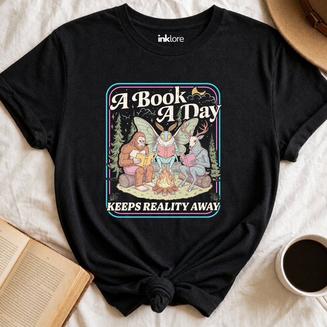 "A Book A Day Keeps Reality Away" T-Shirt | Cryptid Campfire Book Lover Graphic Tee & Fantasy Reader Shirt Main image