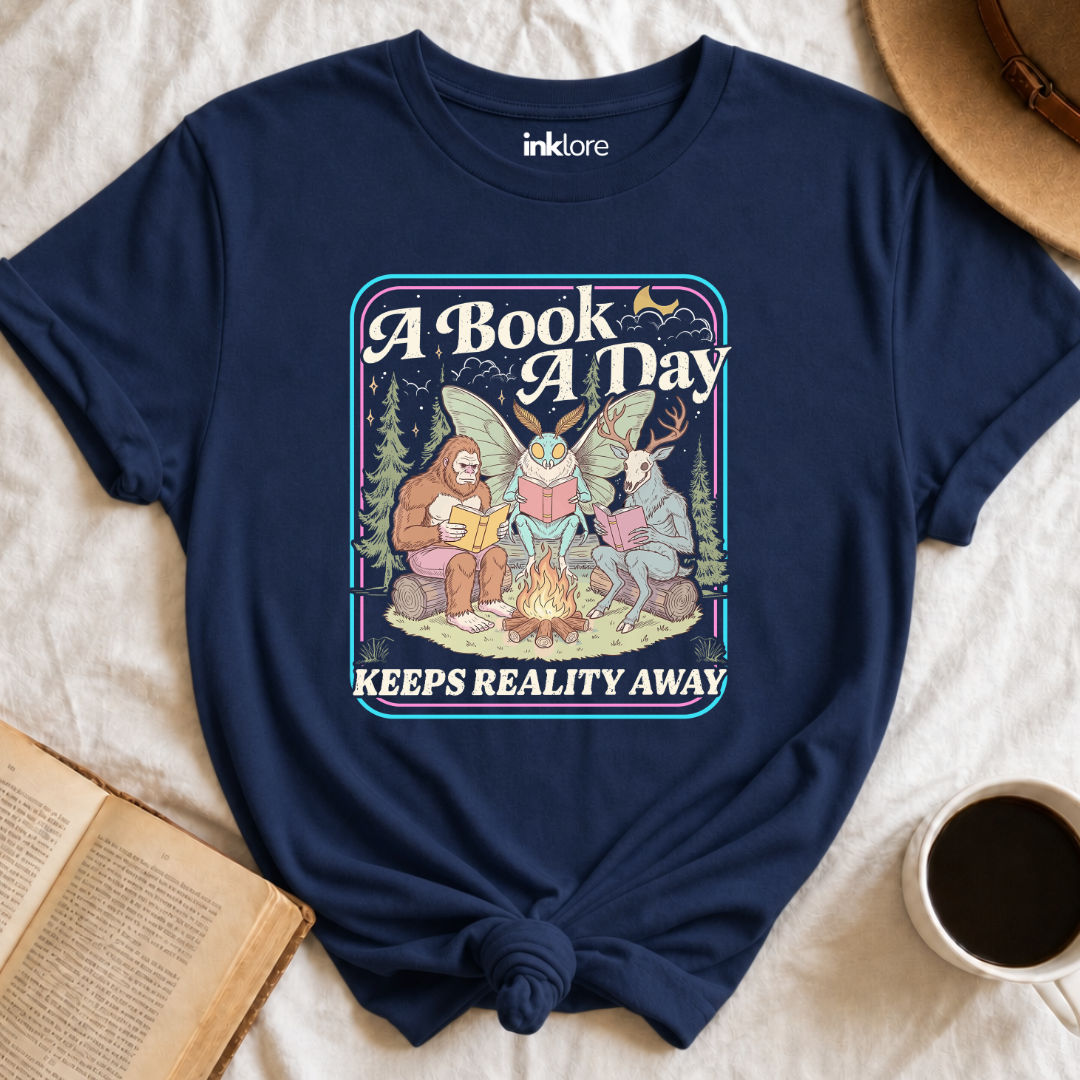 "A Book A Day Keeps Reality Away" T-Shirt | Cryptid Campfire Book Lover Graphic Tee & Fantasy Reader Shirt Secondary image
